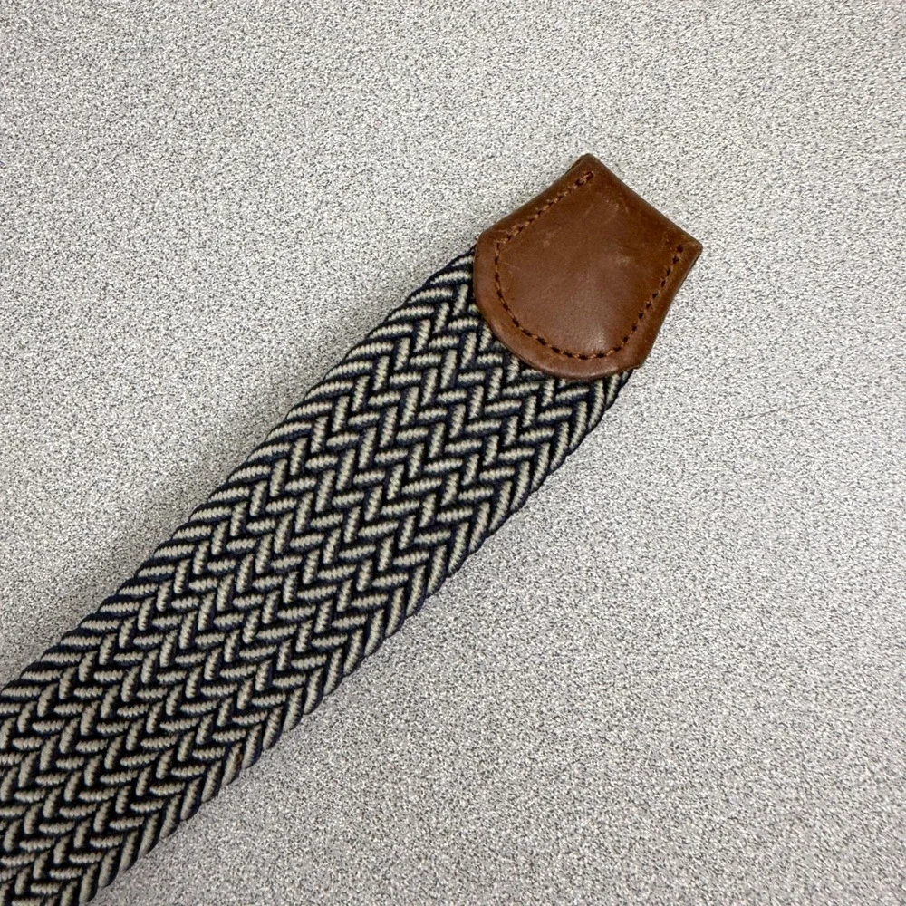 Tommy Bahama Belt Mens L/XL Blue Brown Woven Leather Trim Silver Buckle Elastic